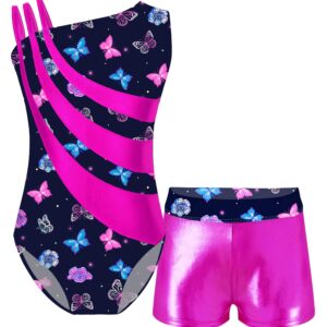 YEAHDOR Kids Girls Gymnastic Ballet Dance Leotard Print Leotard with Shiny Boyshort Set One Shoulder Bodysuit Sets Printed Hot Pink 14 Years