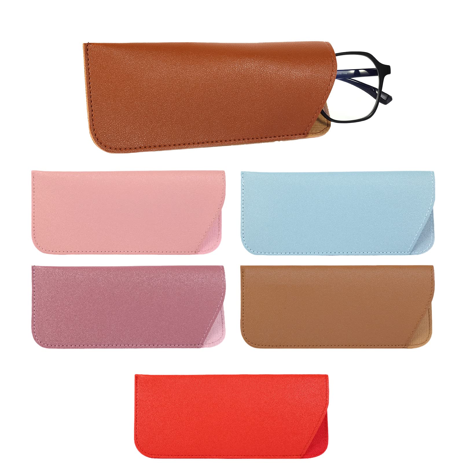 6pcs Soft Glasses Cases, Leather Eyeglasses Case 7x3 Inch Multicolor Portable Glasses Case PU Soft Pouch Leather Sunglasses Pouch for Women Men Adults Kids