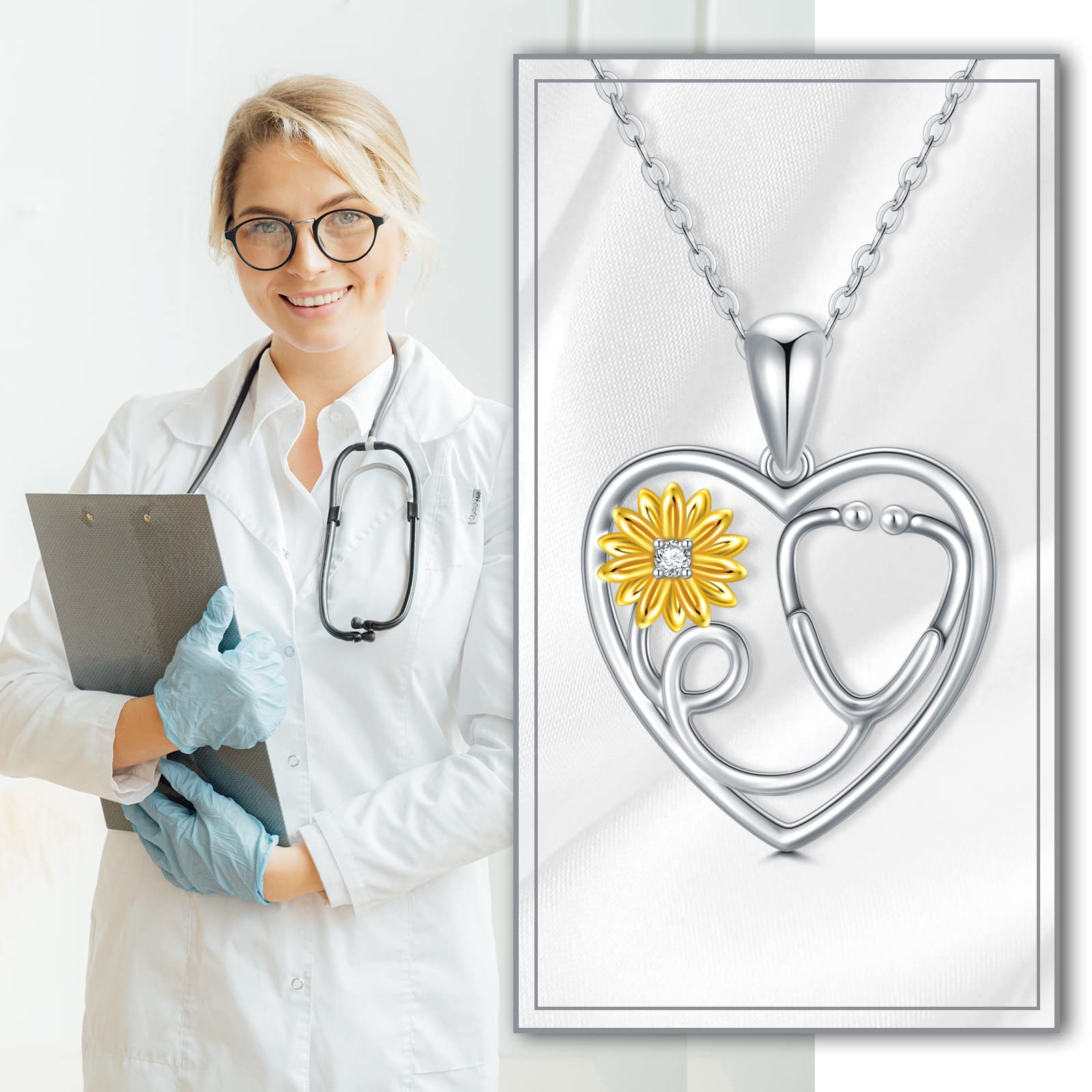 MOTIEL Personalized Heart Stethoscope Necklace 10K 14K 18K Gold Nurse Necklaces for Women Sunflower Medical Necklace for Nurses Gifts (White Gold)