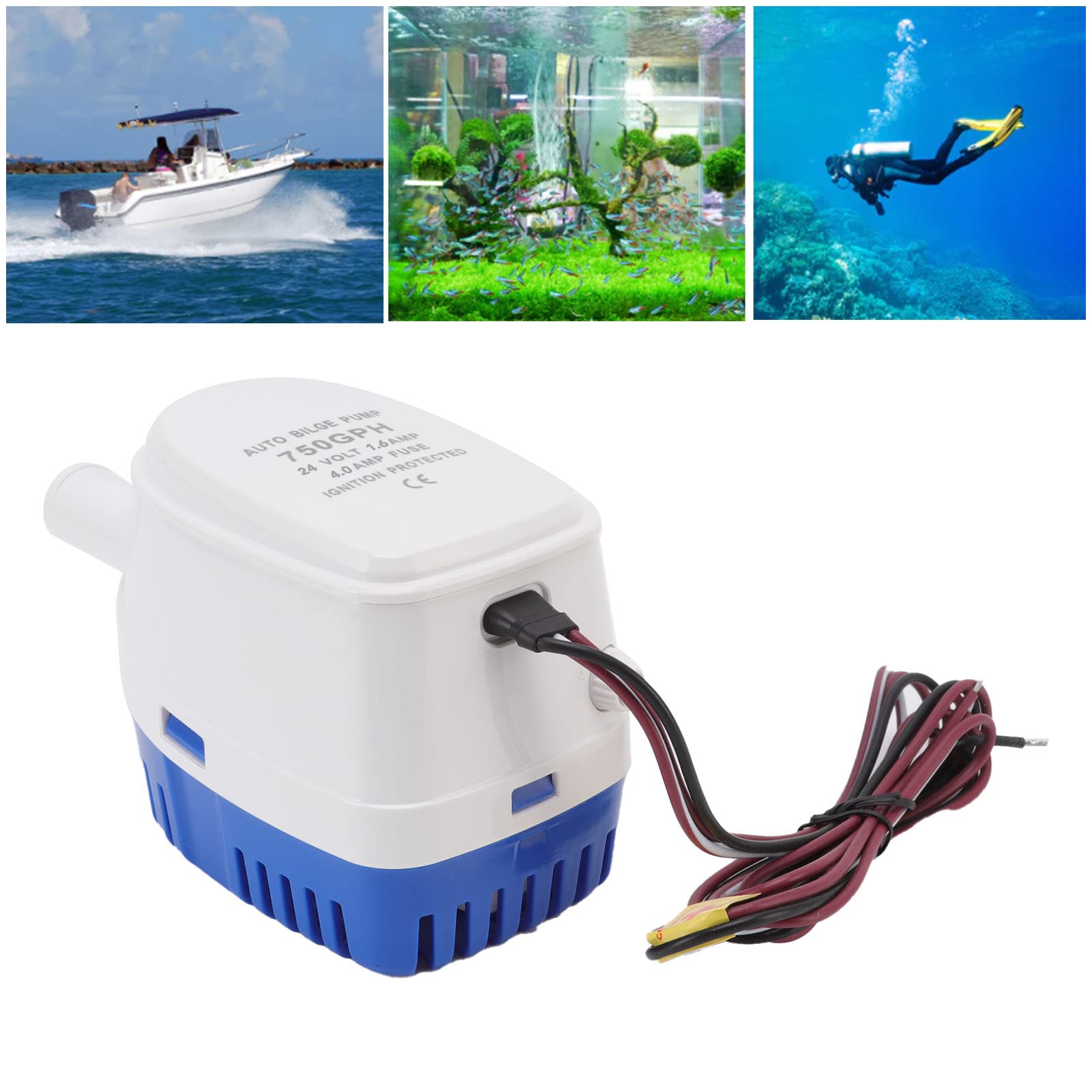 Bilge Pump, Bilge Pumps for Boats, Auto Bilge Pump Impact Resistance Mini Multifunctional DC Submersible Pump with Float Switch (24V)