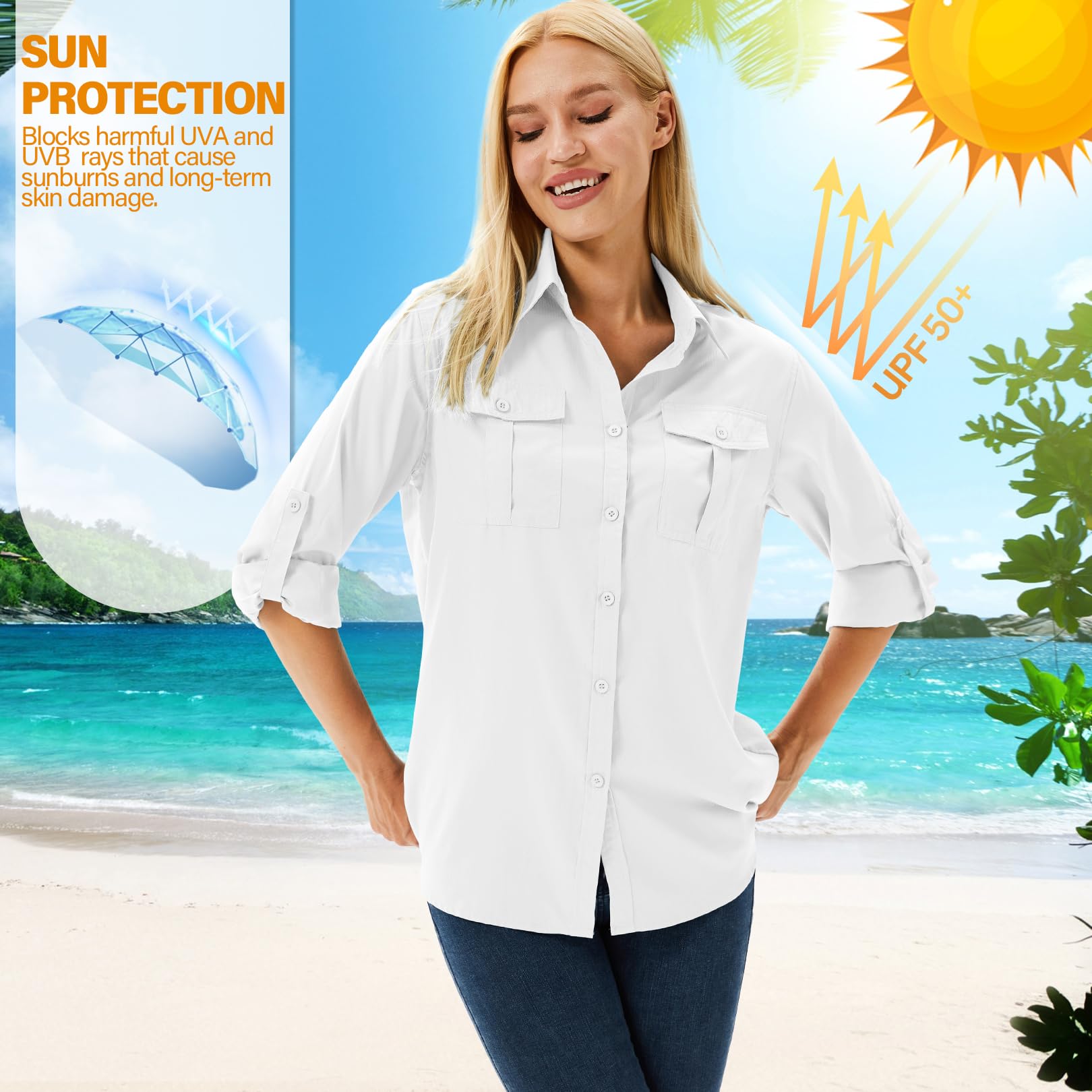 Women's UPF 50 Long Sleeve UV Sun Protection Safari Shirts Outdoor Quick Dry Fishing Travel Hiking Shirts #5070-White-XS