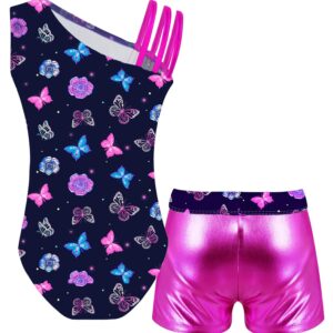 YEAHDOR Kids Girls Gymnastic Ballet Dance Leotard Print Leotard with Shiny Boyshort Set One Shoulder Bodysuit Sets Printed Hot Pink 14 Years