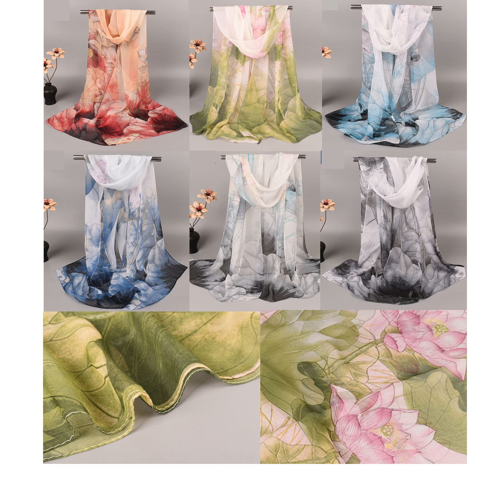 Sureio 6 Pcs Scarves for Women Lightweight Summer Floral Print Pattern Scarf for Women Dressy Long Thin Scarf Shawl(Light Style)