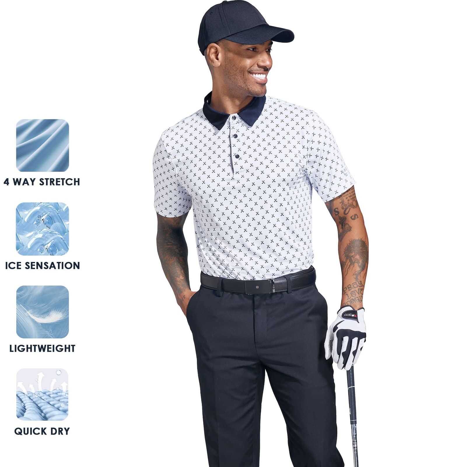 Men's Performance Dry Fit Golf Shirt, Quick-Dry Short Sleeve Polo, Moisture Wicking Navy/White L