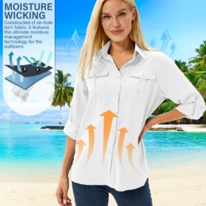 Women's UPF 50 Long Sleeve UV Sun Protection Safari Shirts Outdoor Quick Dry Fishing Travel Hiking Shirts #5070-White-XS