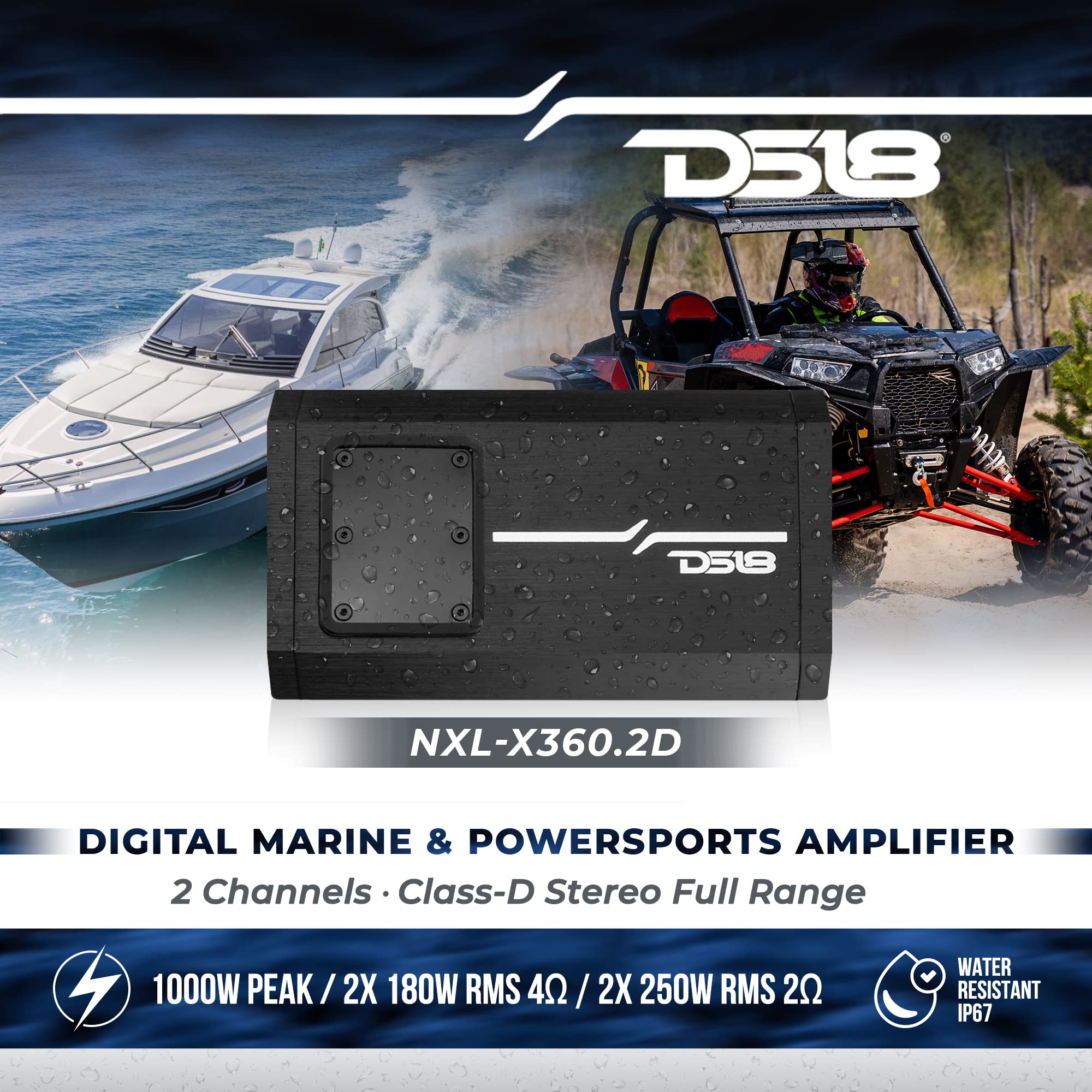 DS18 NXL-X360.2D 2 Channel Marine Waterproof Amplifier - Class D Full-Range 180 x 2 Watts @ 4-Ohm 1000 Watts Peak - Great for Boats, Motorsports, Motorcycles, and All Elements Applications