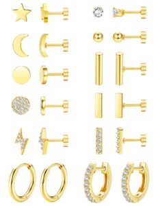 fasacco 12pairs flat back earrings for women men hypoallergenic 14k gold plated stainless steel flatback stud small huggie hoop earrings 20g tiny gold stud earring sets for multiple piercing gold