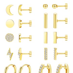 FASACCO 12Pairs Flat Back Earrings for Women Men Hypoallergenic 14K Gold Plated Stainless Steel Flatback Stud Small Huggie Hoop Earrings 20G Tiny Gold Stud Earring Sets for Multiple PIercing Gold