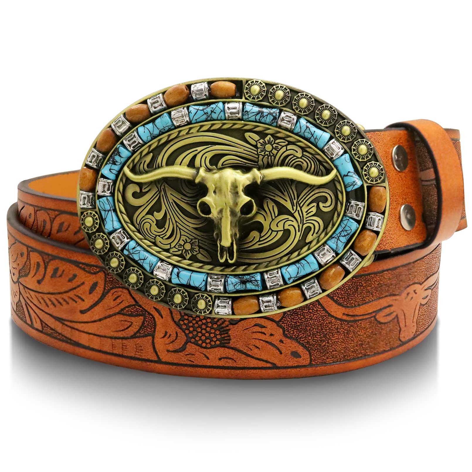 RechicGu Mens Western Leather Buckle Belt, Bull Head Engraved Brown Cowboy Concho Belts With Long Horn Bull Buckles, 1-1/2 Inch Wide S Gold