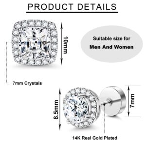 FASACCO 14K Flat Back Round Square Stud Earrings for Men Women Large Big Cubic Zirconia Stud Earrings Mens Earrings Flatback Earrings