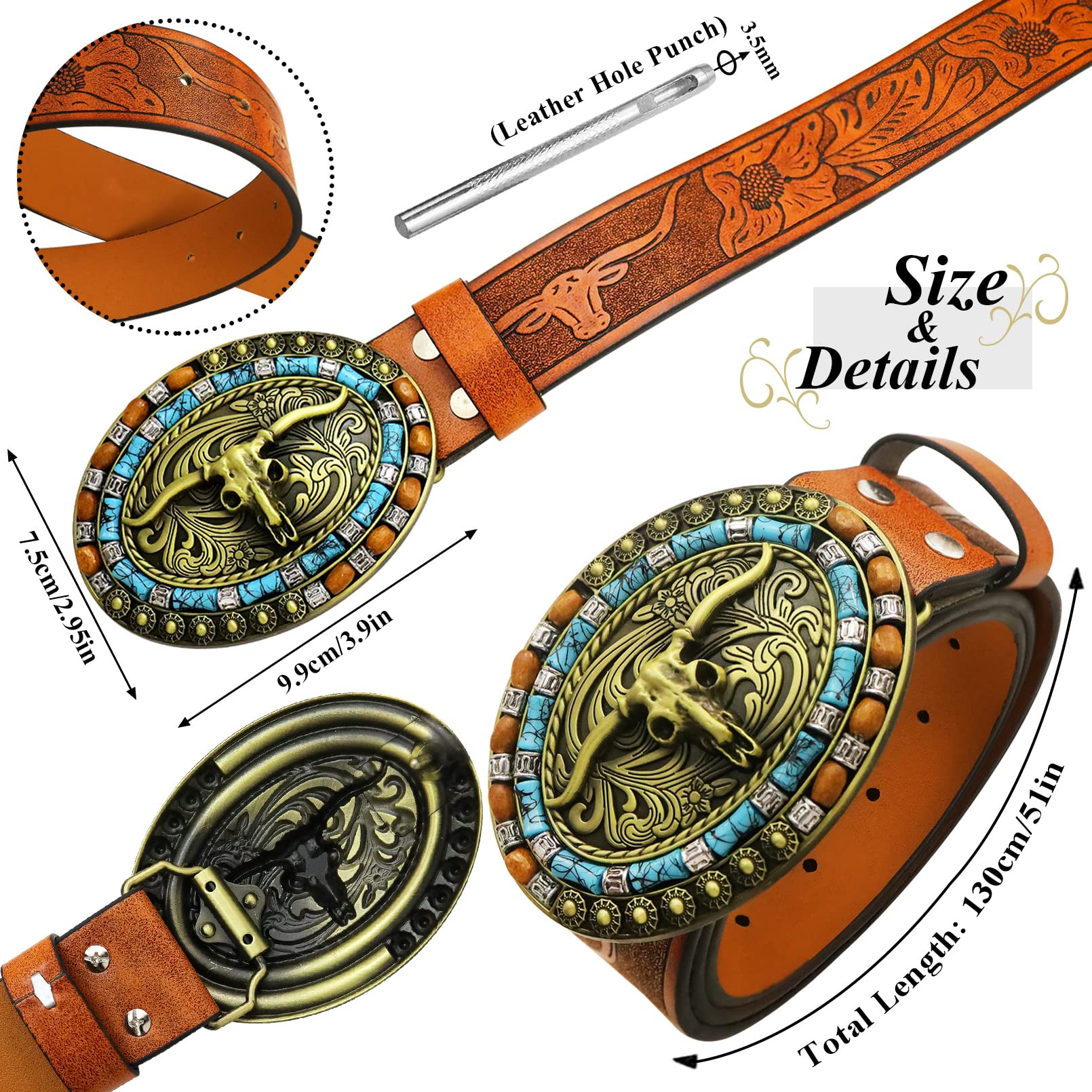 RechicGu Mens Western Leather Buckle Belt, Bull Head Engraved Brown Cowboy Concho Belts With Long Horn Bull Buckles, 1-1/2 Inch Wide S Gold