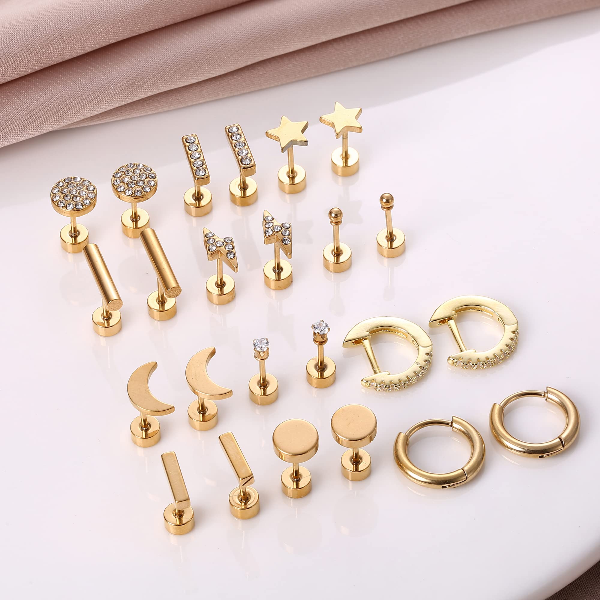 FASACCO 12Pairs Flat Back Earrings for Women Men Hypoallergenic 14K Gold Plated Stainless Steel Flatback Stud Small Huggie Hoop Earrings 20G Tiny Gold Stud Earring Sets for Multiple PIercing Gold