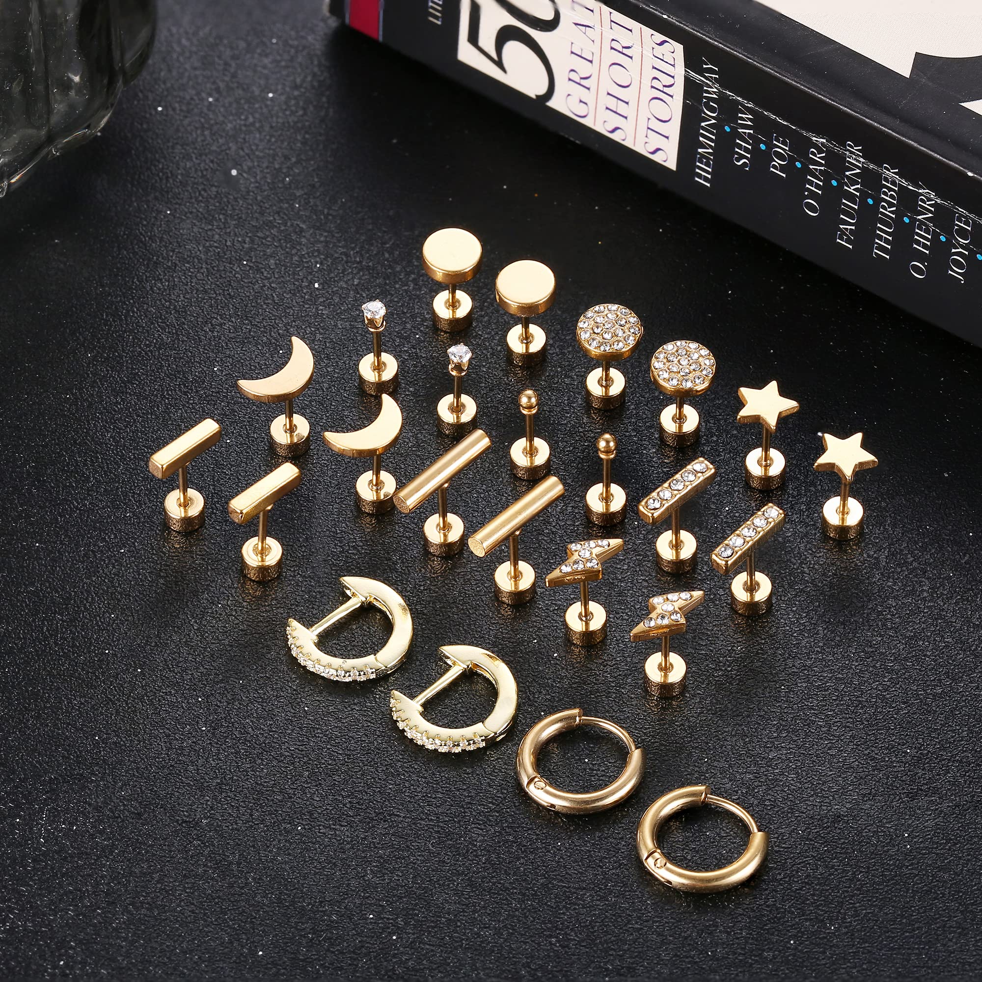 FASACCO 12Pairs Flat Back Earrings for Women Men Hypoallergenic 14K Gold Plated Stainless Steel Flatback Stud Small Huggie Hoop Earrings 20G Tiny Gold Stud Earring Sets for Multiple PIercing Gold