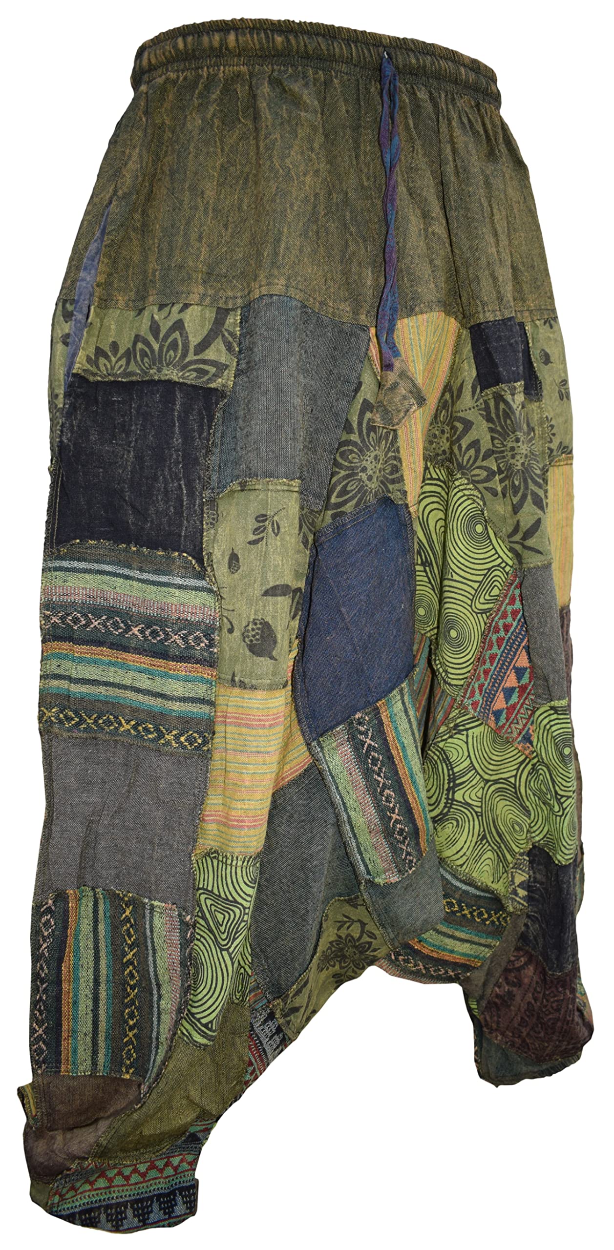 Mens Patchwork Stone Washed Yoga Bohemian Baggy Printed Harem Pants Green LXL