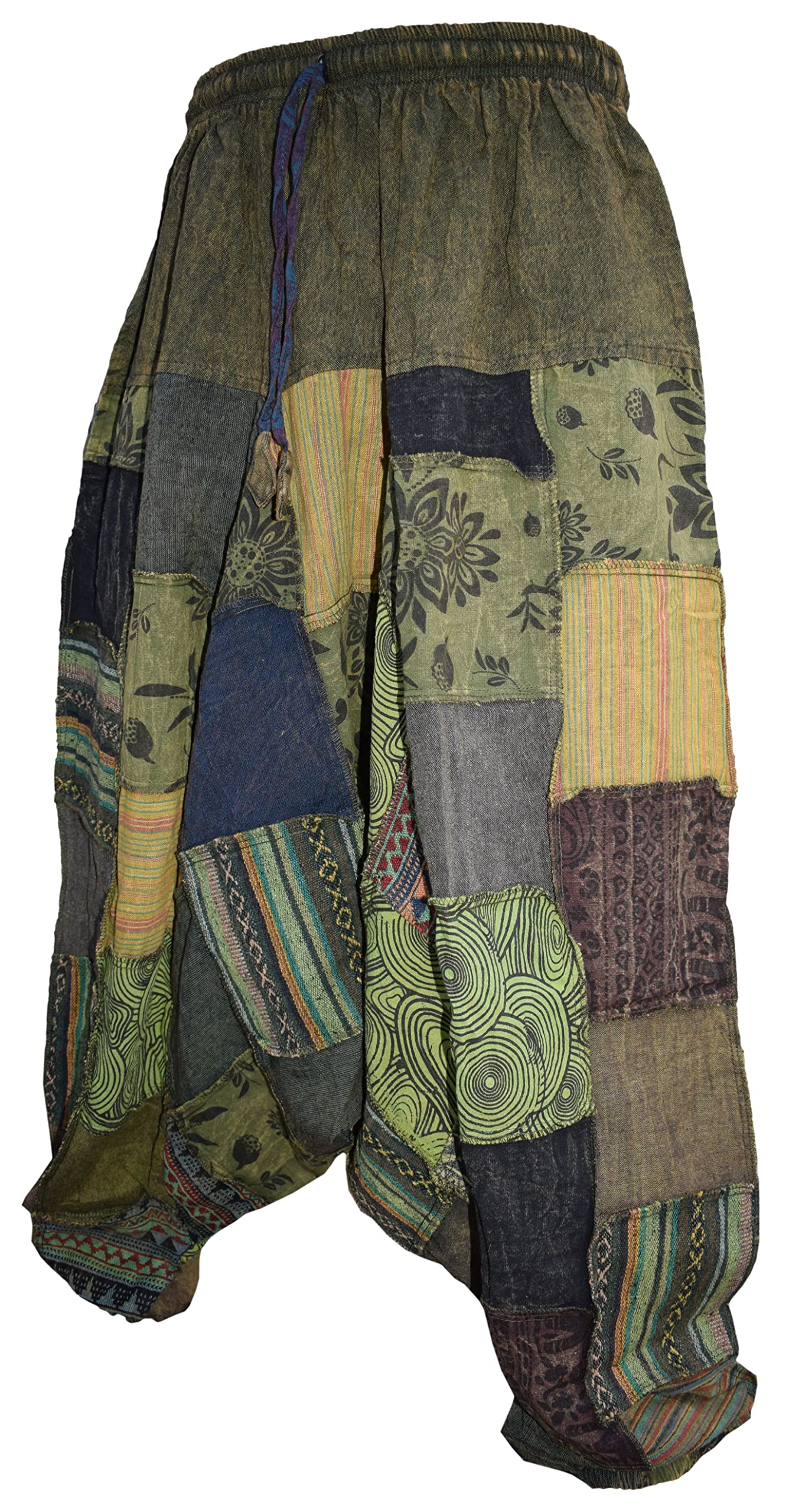 Mens Patchwork Stone Washed Yoga Bohemian Baggy Printed Harem Pants Green LXL