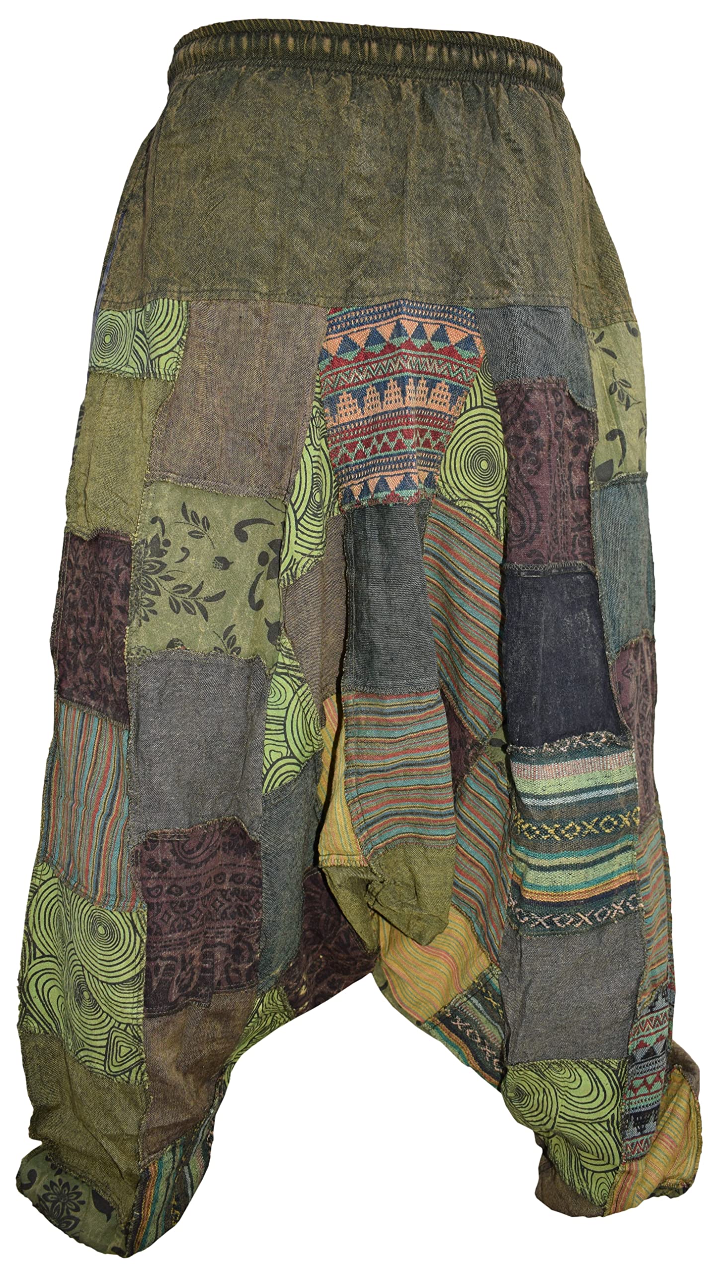 Mens Patchwork Stone Washed Yoga Bohemian Baggy Printed Harem Pants Green LXL