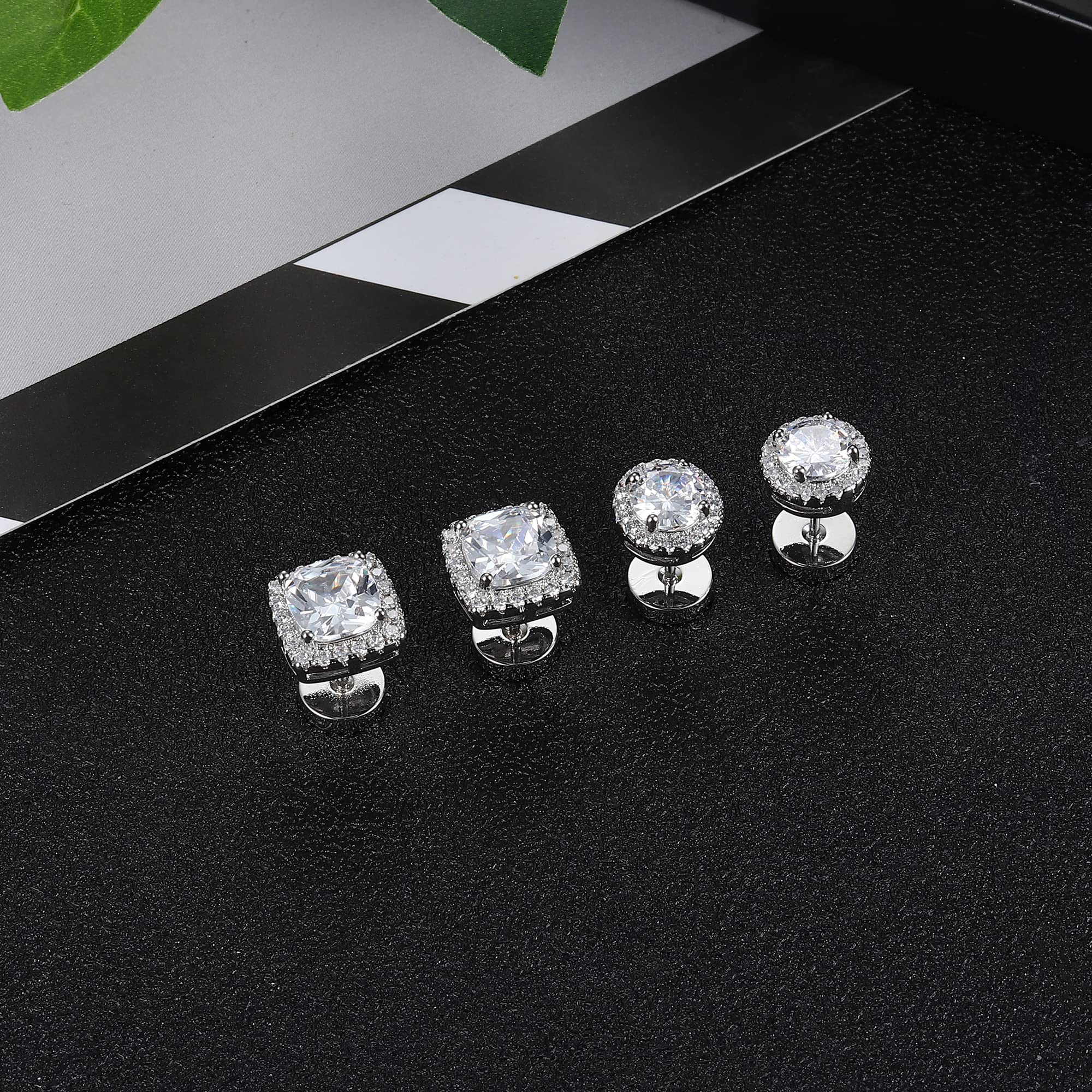 FASACCO 14K Flat Back Round Square Stud Earrings for Men Women Large Big Cubic Zirconia Stud Earrings Mens Earrings Flatback Earrings