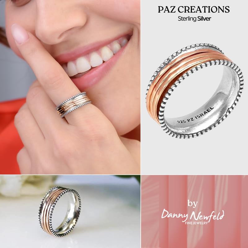 Paz Creations 925 Sterling Silver Spinner Ring/Fidget Ring/Anxiety Ring - 925 Sterling Silver Rings for Women, Stylish Boho Ring (14K Rose Gold Plated, Size 8)