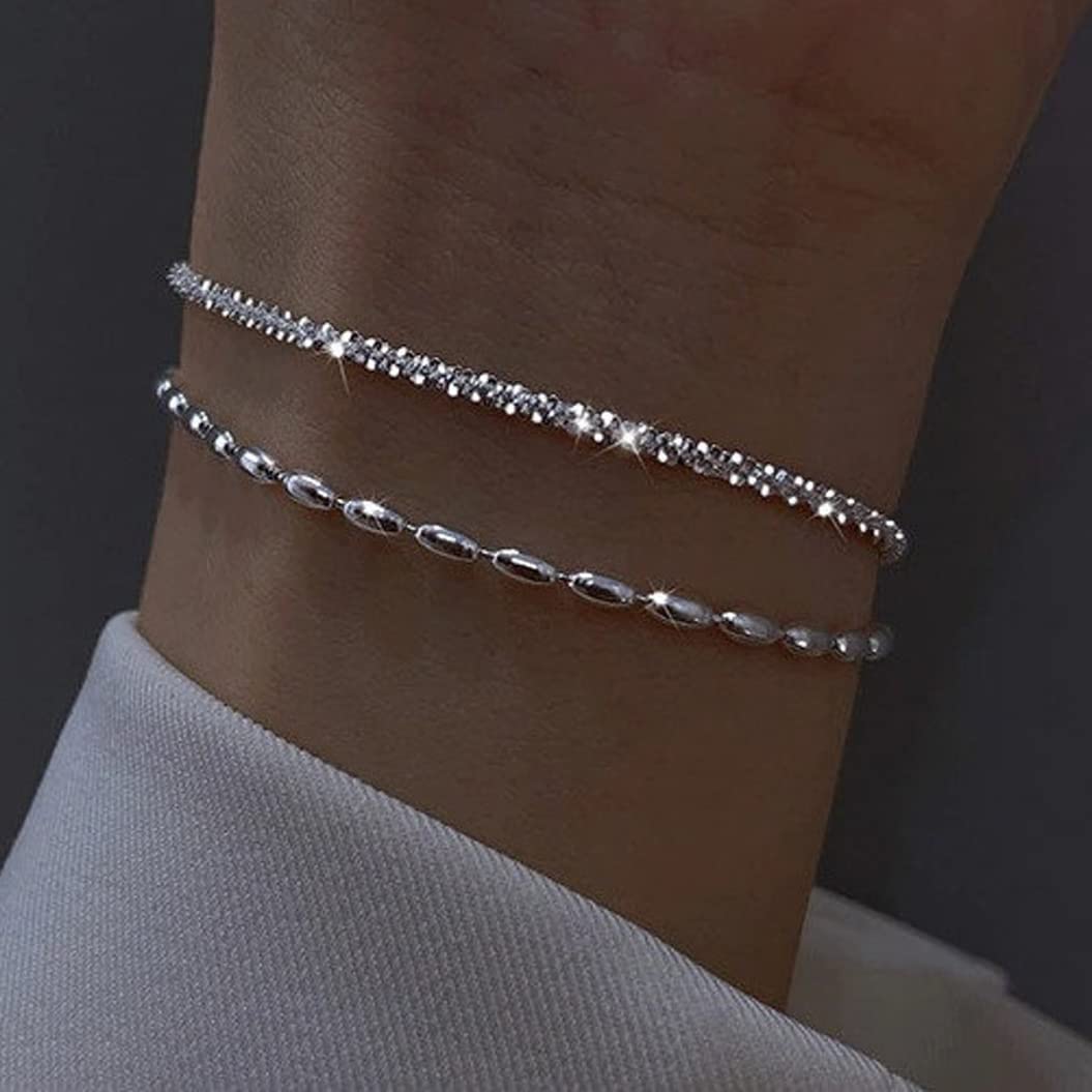 JECOMY Silver Bracelets for Women Dainty Silver Plated Chain Bracelet Shiny Twisted Rope Chains Bracelets Box Chain Bracelet Herringbone silver Chain Bracelet Trendy Handmade Jewelry Gift