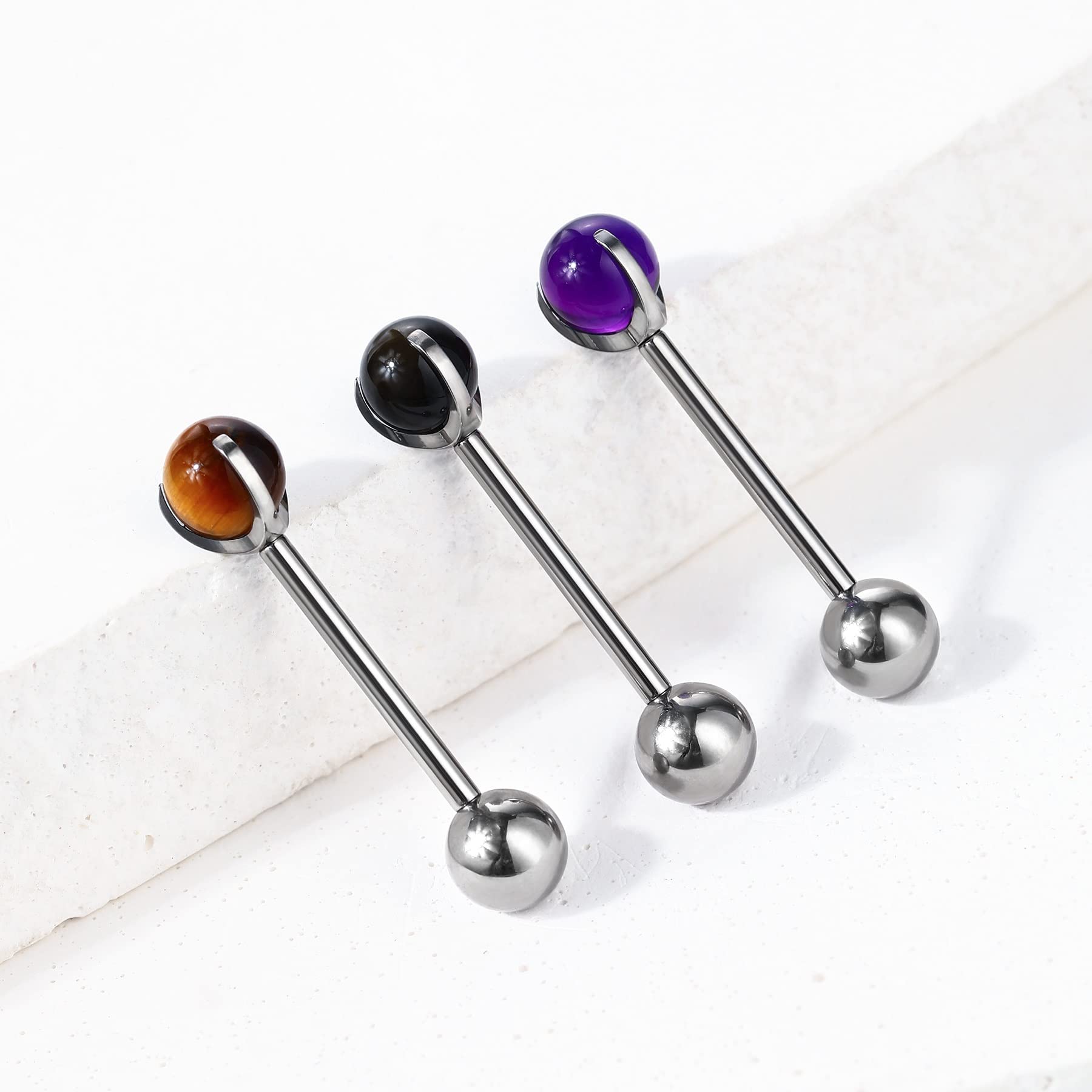 CM Crareesi Mania Titanium Tongue Rings 14G Amethyst Tongue Piercing Jewelry Solid G23 Titanium Nipple Tongue Ring 16mm Natural Stone Tongue Barbells for Women