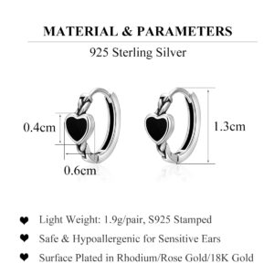 SLUYNZ 925 Sterling Silver Black Heart Hoop Earrings for Women Teen Girls Heart Huggie Earrings Hoop (A-Silver)