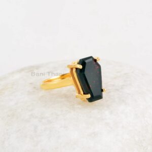 Bloodstone Ring, 925 Sterling Silver Ring, 9x15mm Coffin Gemstone Ring, 18kGold Plated Ring, Prong Set Jewelry, Gift For Mother, Jewelry for Ladies (Gold Plated, 6.5 US)