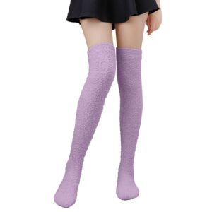 Womens Fluffy Coral Fleece Socks Stripe Over the Knee Stockings Casual Winter Soft Warm Comfort Long (Purple, One Size)