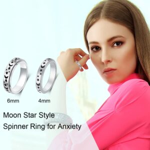 AmorArtSky Spinner Ring for Anxiety Relief Fidget: Anxiety Ring for Women Men, Titanium Stainless Steel Spinner Ring, 4MM 6MM, Size 6-10, Moon Star Fidget Ring-Silver, size 9, Metal, No Gemstone