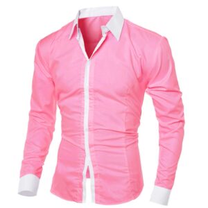 Mens Clasic Button Down Lapel Dress Shirt Casual Slim Fit Oxford Shirts Fashion Patchwork Long Sleeves Poplin Workshirt Pink