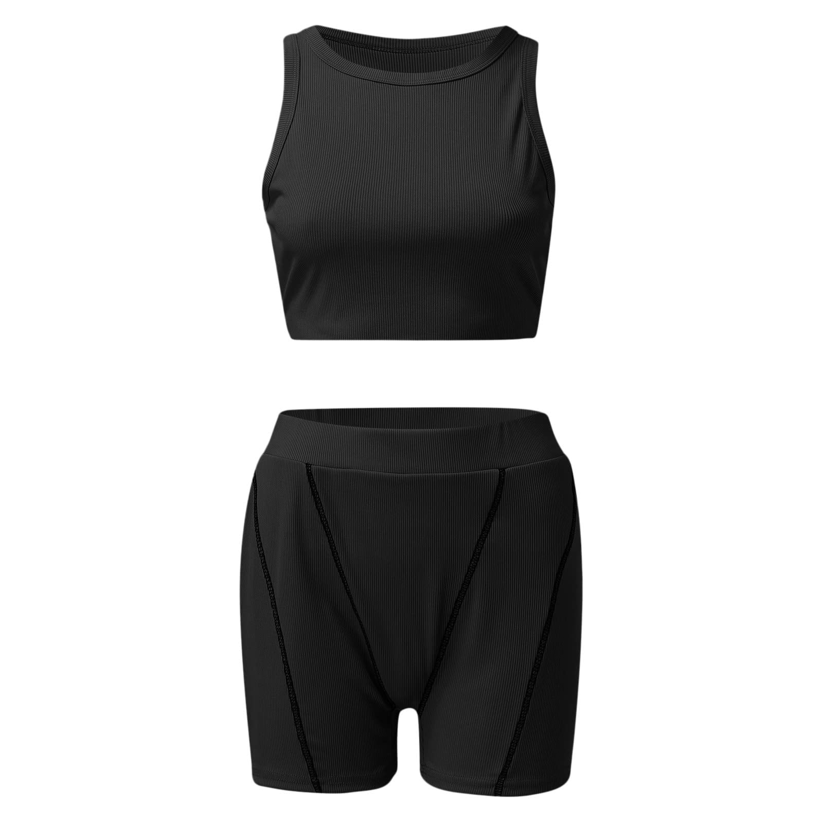 Womens Soccer Outfit Women Workout Sets 2 Piece Seamless Ribbed Crop Tank High Waist Short Yoga Outfit Solid Slim Black