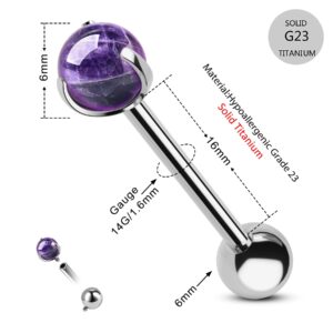 CM Crareesi Mania Titanium Tongue Rings 14G Amethyst Tongue Piercing Jewelry Solid G23 Titanium Nipple Tongue Ring 16mm Natural Stone Tongue Barbells for Women