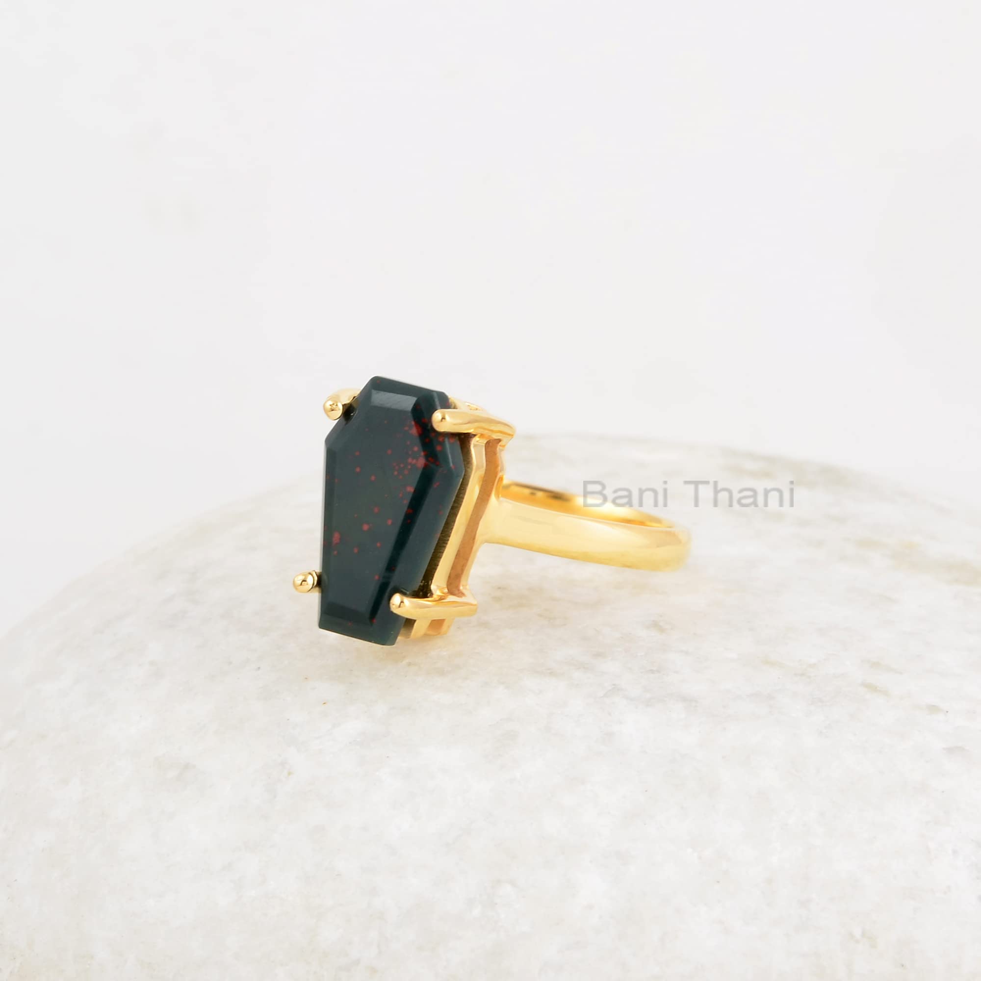 Bloodstone Ring, 925 Sterling Silver Ring, 9x15mm Coffin Gemstone Ring, 18kGold Plated Ring, Prong Set Jewelry, Gift For Mother, Jewelry for Ladies (Gold Plated, 6.5 US)