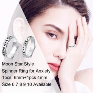 AmorArtSky Spinner Ring for Anxiety Relief Fidget: Anxiety Ring for Women Men, Titanium Stainless Steel Spinner Ring, 4MM 6MM, Size 6-10, Moon Star Fidget Ring-Silver, size 9, Metal, No Gemstone