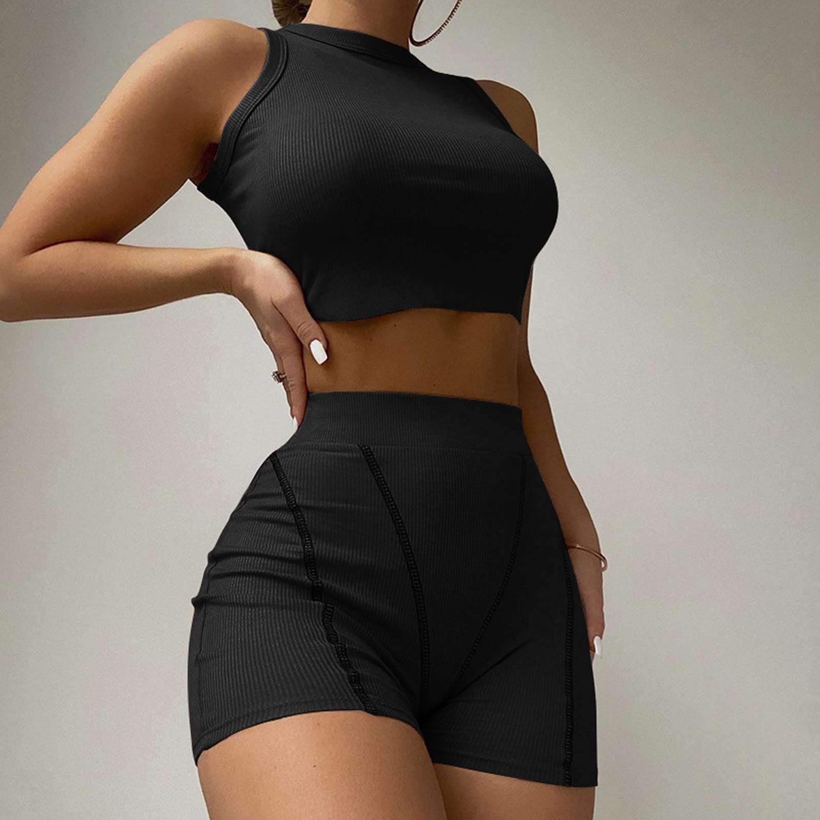 Womens Soccer Outfit Women Workout Sets 2 Piece Seamless Ribbed Crop Tank High Waist Short Yoga Outfit Solid Slim Black