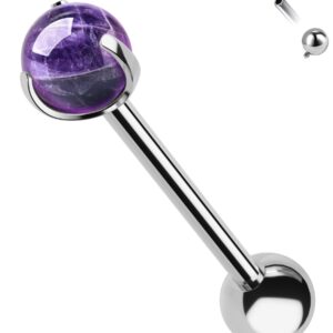 CM Crareesi Mania Titanium Tongue Rings 14G Amethyst Tongue Piercing Jewelry Solid G23 Titanium Nipple Tongue Ring 16mm Natural Stone Tongue Barbells for Women