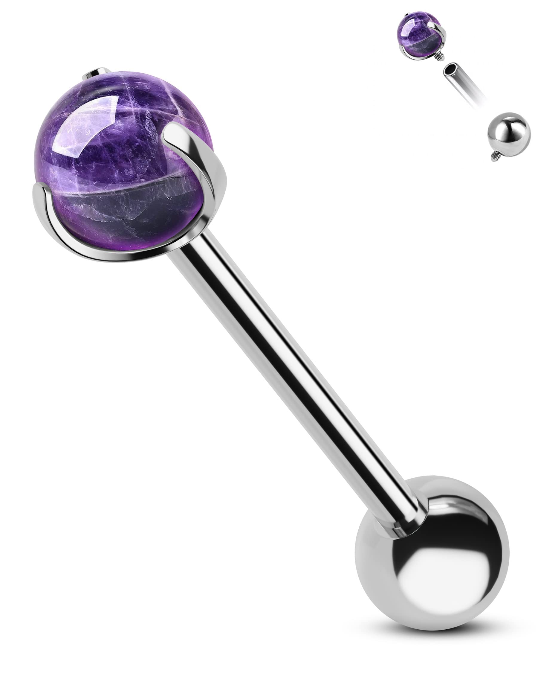 CM Crareesi Mania Titanium Tongue Rings 14G Amethyst Tongue Piercing Jewelry Solid G23 Titanium Nipple Tongue Ring 16mm Natural Stone Tongue Barbells for Women