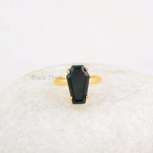 Bloodstone Ring, 925 Sterling Silver Ring, 9x15mm Coffin Gemstone Ring, 18kGold Plated Ring, Prong Set Jewelry, Gift For Mother, Jewelry for Ladies (Gold Plated, 6.5 US)