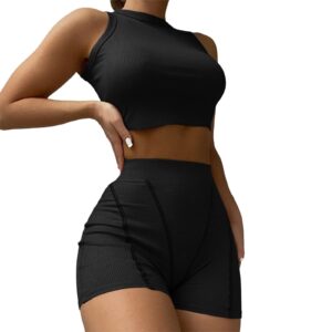 womens soccer outfit women workout sets 2 piece seamless ribbed crop tank high waist short yoga outfit solid slim black