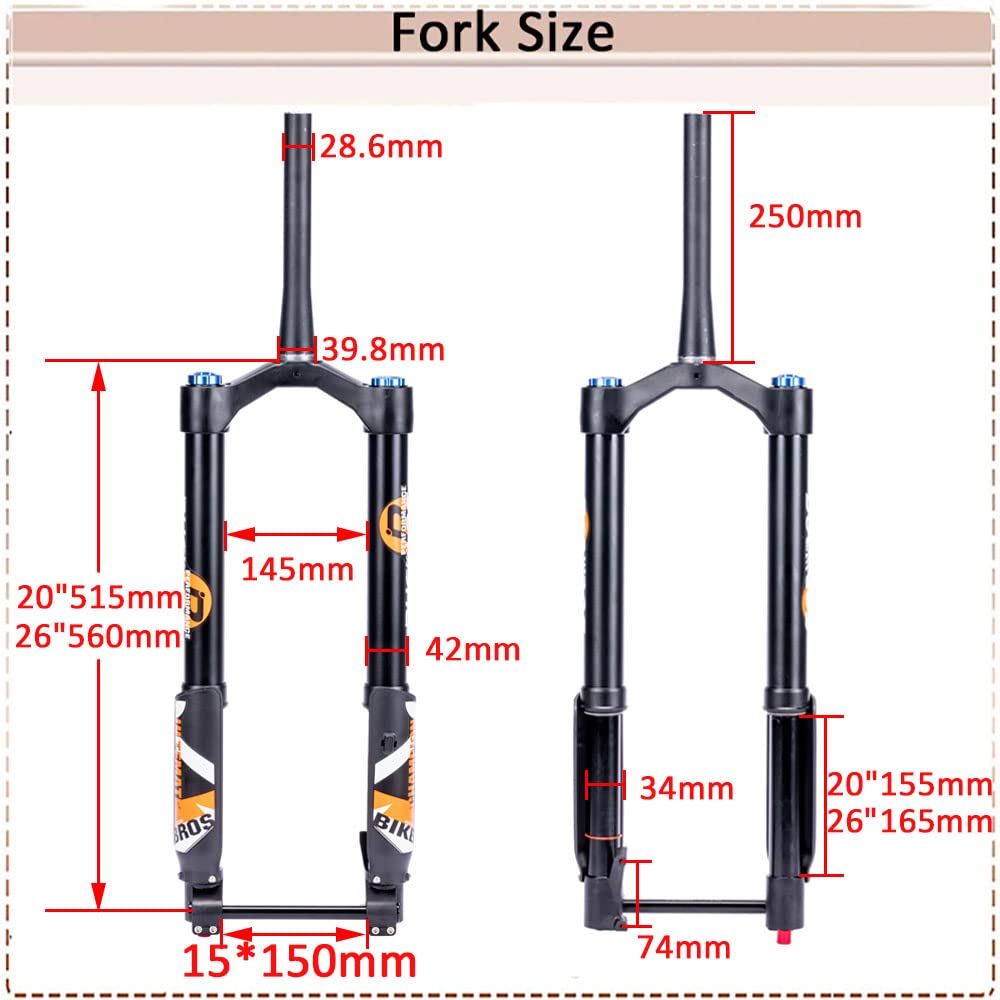 BUCKLOS Fat Tire 5.0 26 inch Air Electric Mountain Bike Inverted Suspension Fork, Thru Axle 15 * 150mm 140 Travel Rebound Adjustment Tapered Front Forks, for Snow Beach E-Bike MTB