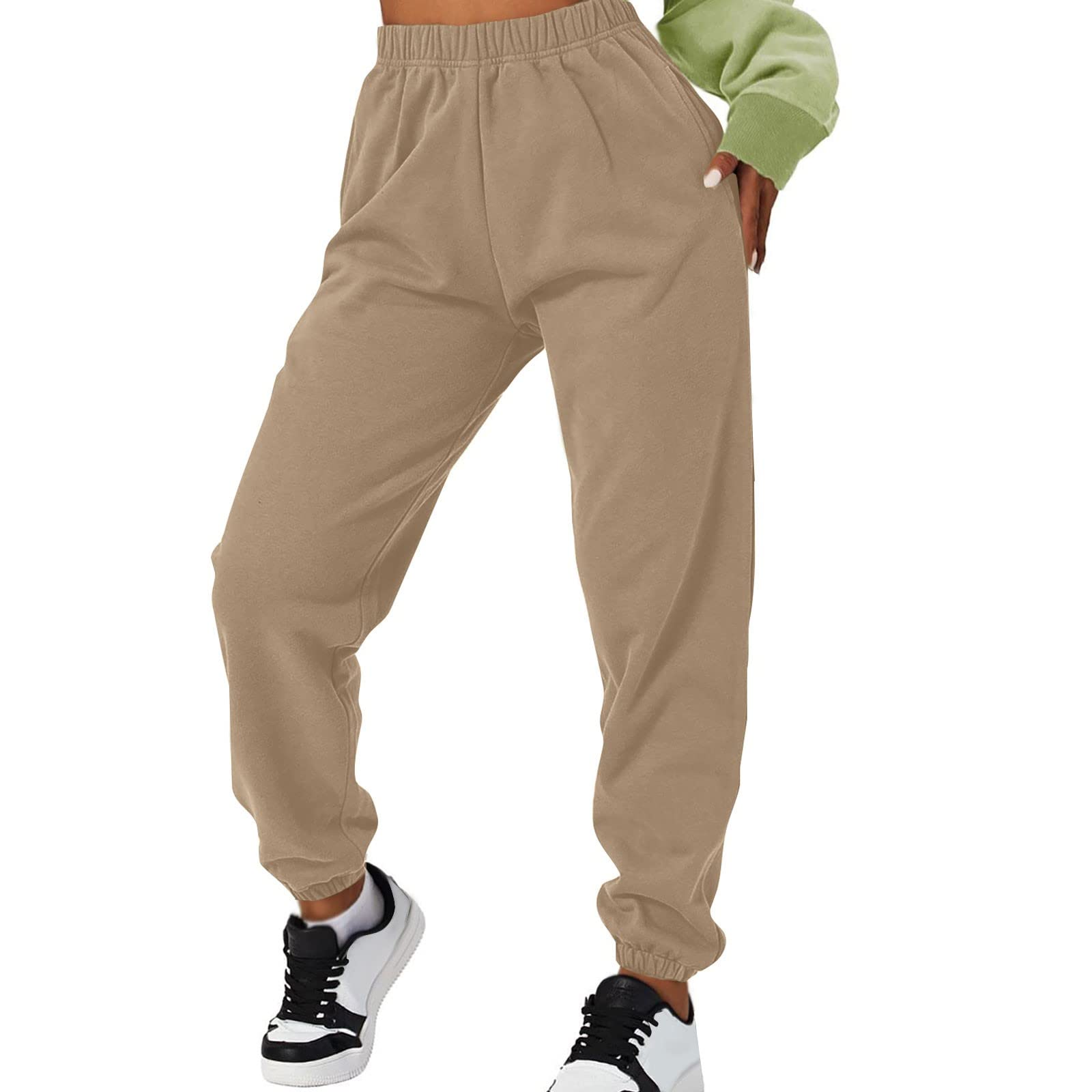 Gumipy Sweatpants for Women High Waisted Drawstring Jogger Relaxed Fit Cotton Soft Active Lounge Trousers with Pockets A-Khaki