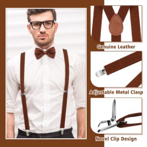 12 Pieces Men Suspender and Bow Tie Set Bulk Brown Suspenders for Men Elastic Y Back Suspenders and Bowtie Set for Groom Groomsmen Weddings Formal Casual Events