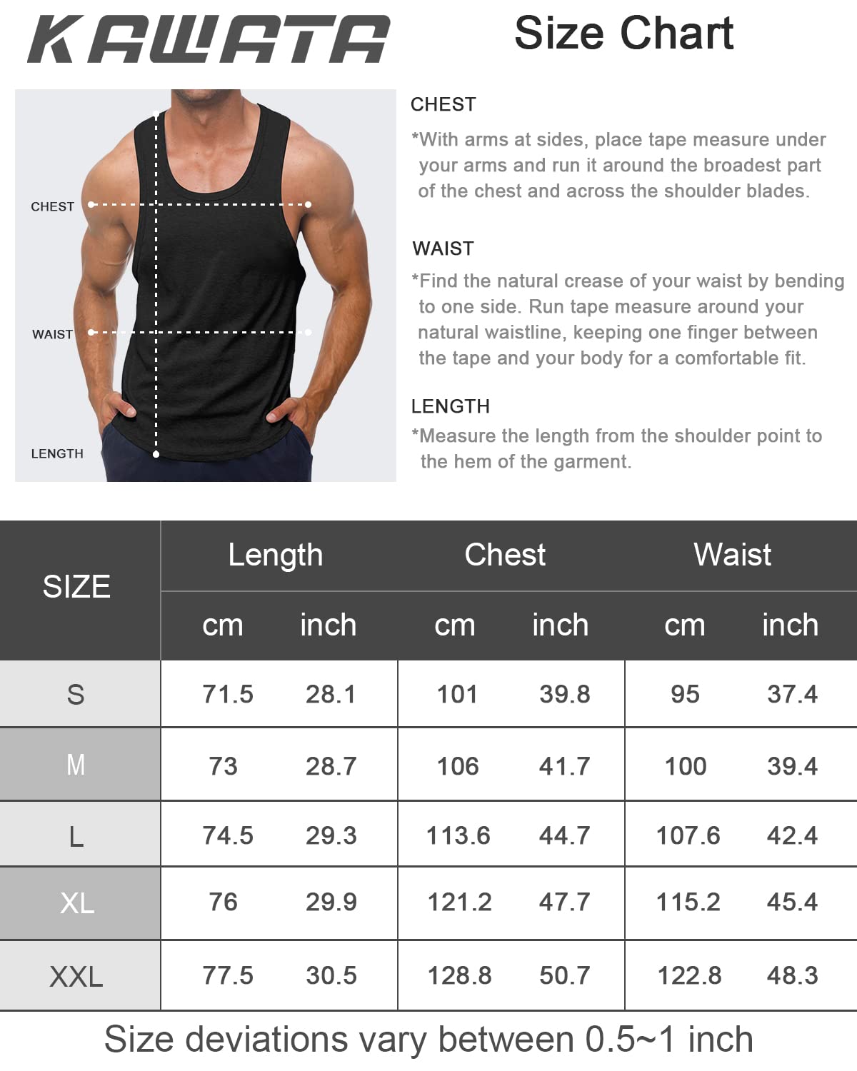 KAWATA Men's 3 Pack Dry Fit Workout Tank Top Gym Muscle Tee Fitness Bodybuilding Sleeveless T Shirts