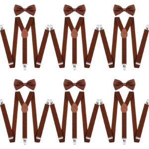 12 Pieces Men Suspender and Bow Tie Set Bulk Brown Suspenders for Men Elastic Y Back Suspenders and Bowtie Set for Groom Groomsmen Weddings Formal Casual Events