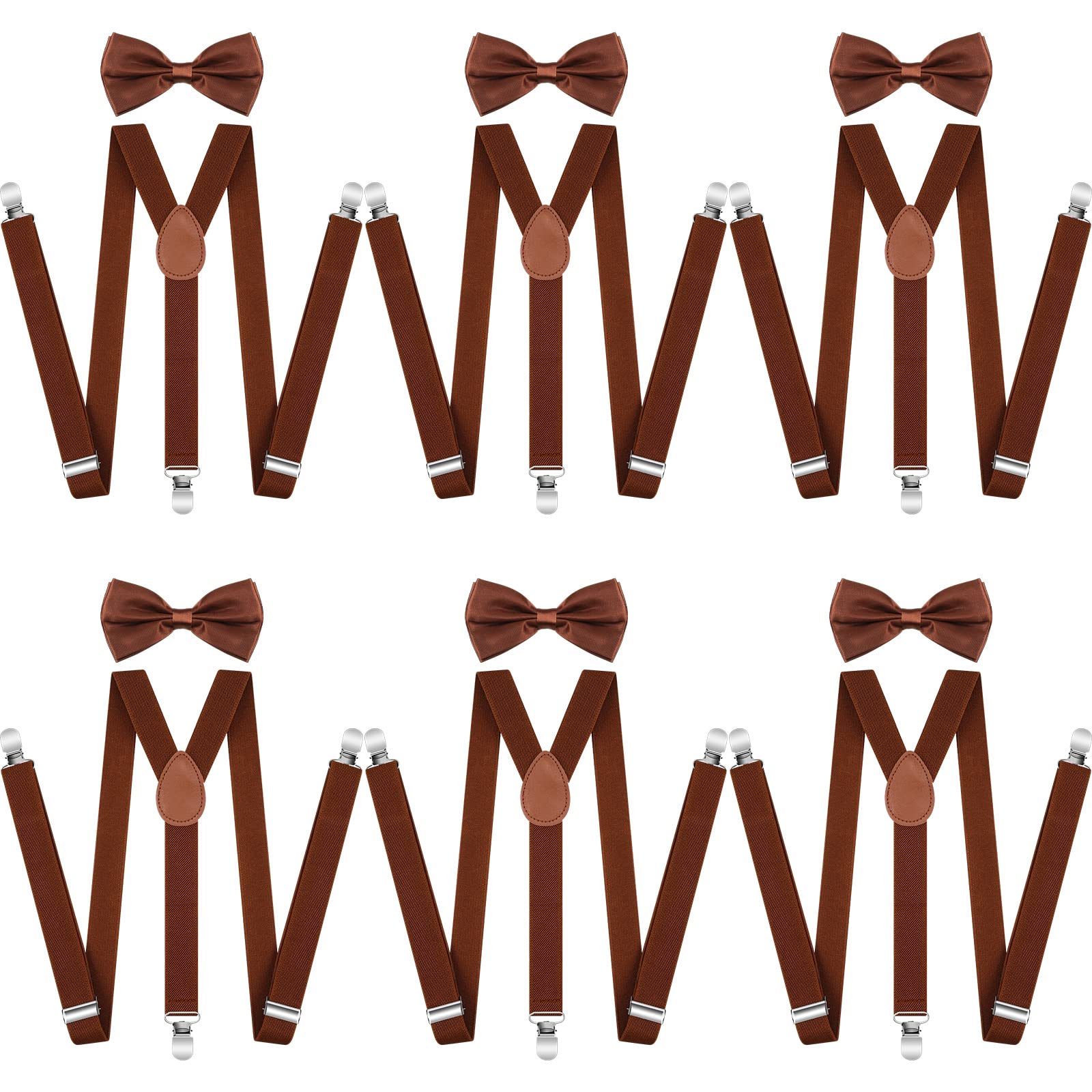 12 Pieces Men Suspender and Bow Tie Set Bulk Brown Suspenders for Men Elastic Y Back Suspenders and Bowtie Set for Groom Groomsmen Weddings Formal Casual Events