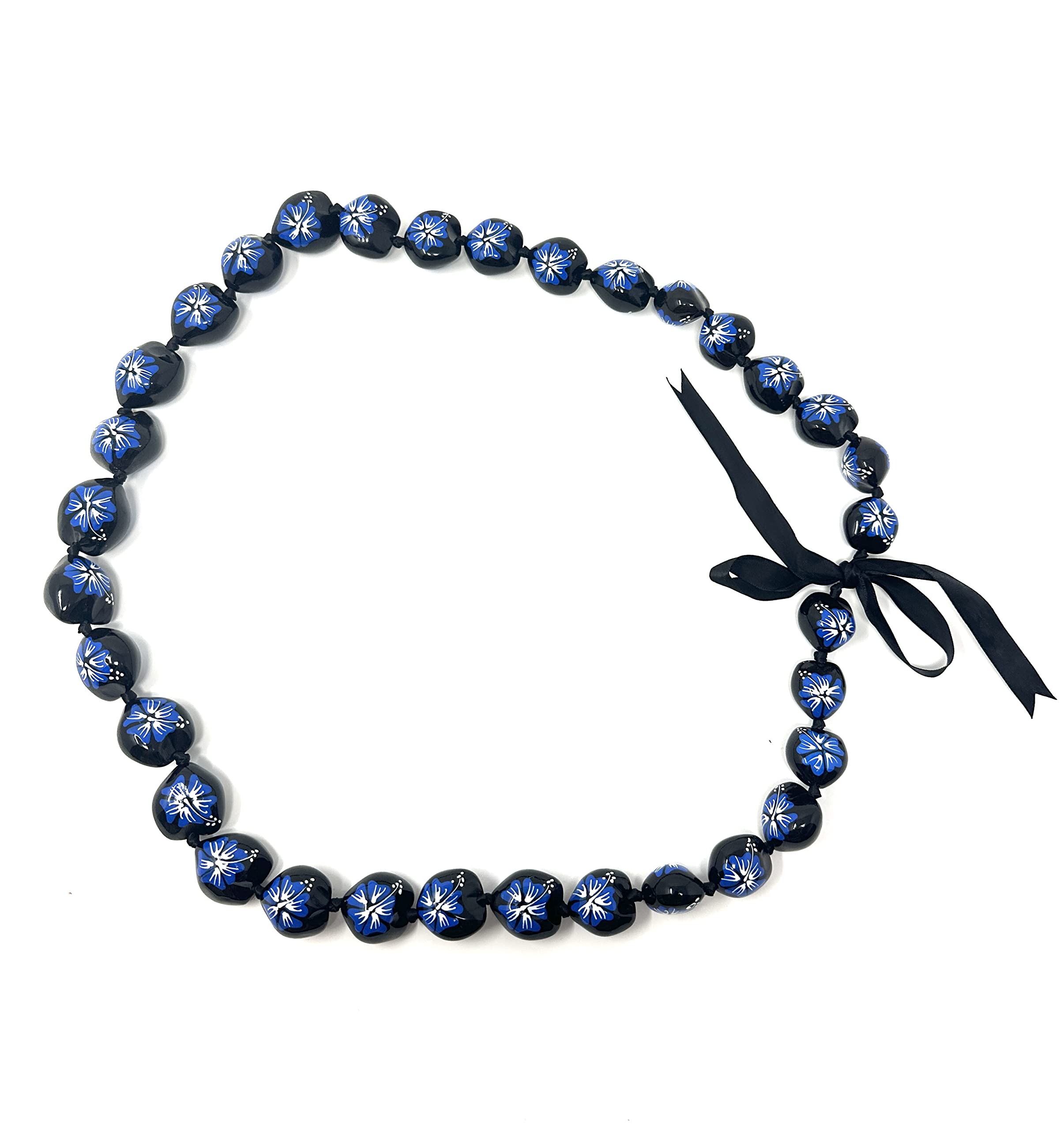 Utama Hawaiian Kukui Nut Leis Beads Necklaces with Hand Painted Flower- Blue Flower