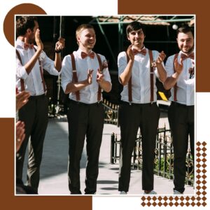 12 Pieces Men Suspender and Bow Tie Set Bulk Brown Suspenders for Men Elastic Y Back Suspenders and Bowtie Set for Groom Groomsmen Weddings Formal Casual Events