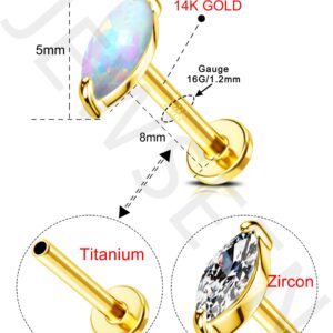 Jewseen 14K Solid Gold Push in Lip Rings G23 Titanium Labret Studs CZ Cartilage Earring 16g Tragus Helix Piercing Jewelry Flat Back Stud Nose Ring Stud Earring for Women Men