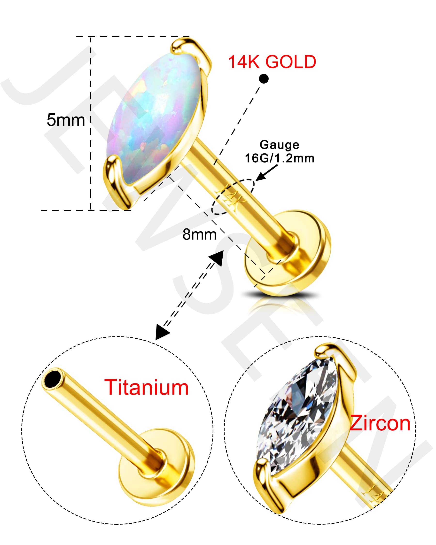 Jewseen 14K Solid Gold Push in Lip Rings G23 Titanium Labret Studs CZ Cartilage Earring 16g Tragus Helix Piercing Jewelry Flat Back Stud Nose Ring Stud Earring for Women Men