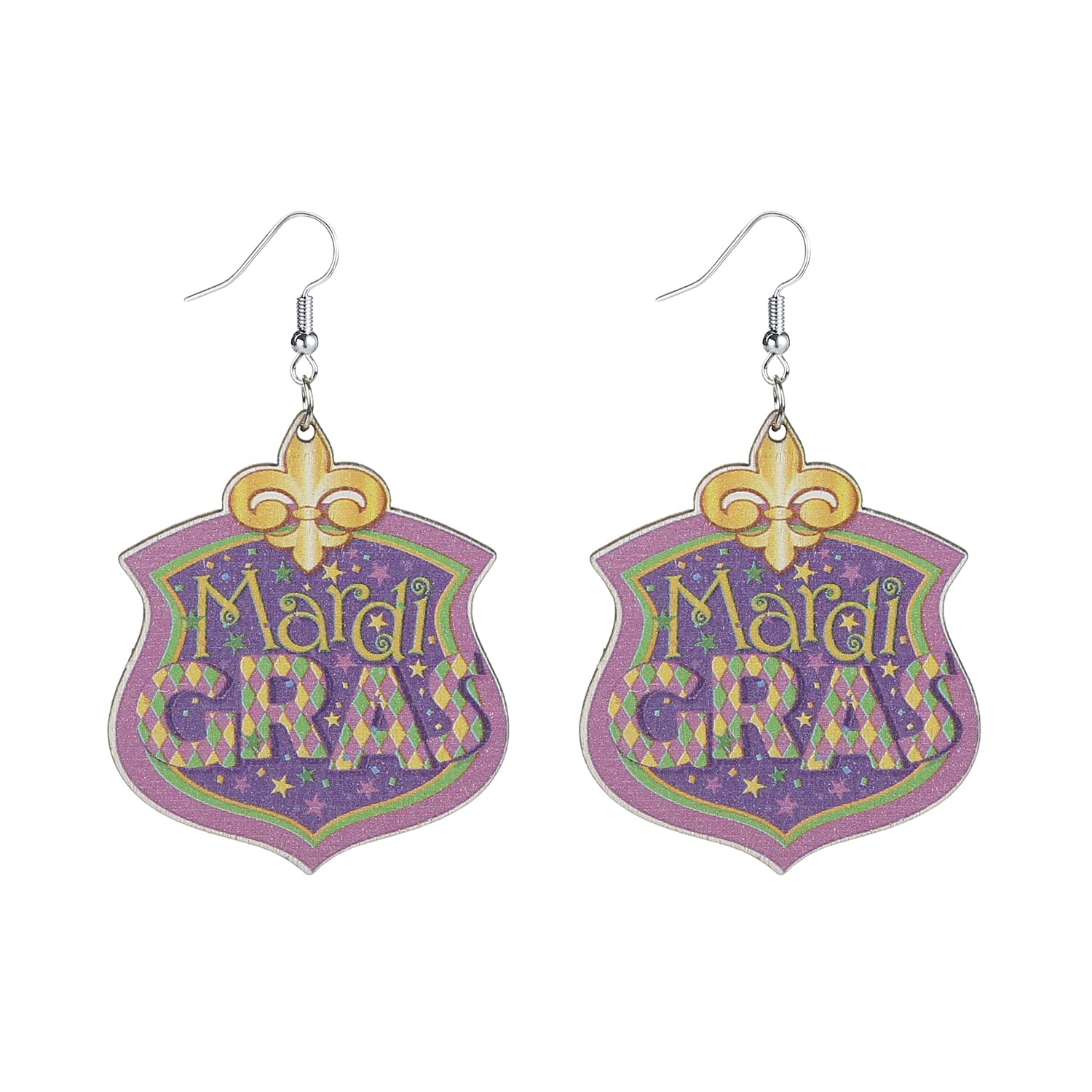 Mardi Gras Earrings for Women Lightweight Wooden Carnival Earrings Purple Green Pendant Earrings Mardi Gras Accessory for Party Favors Crown Clown Hat Lips 6 Pairs