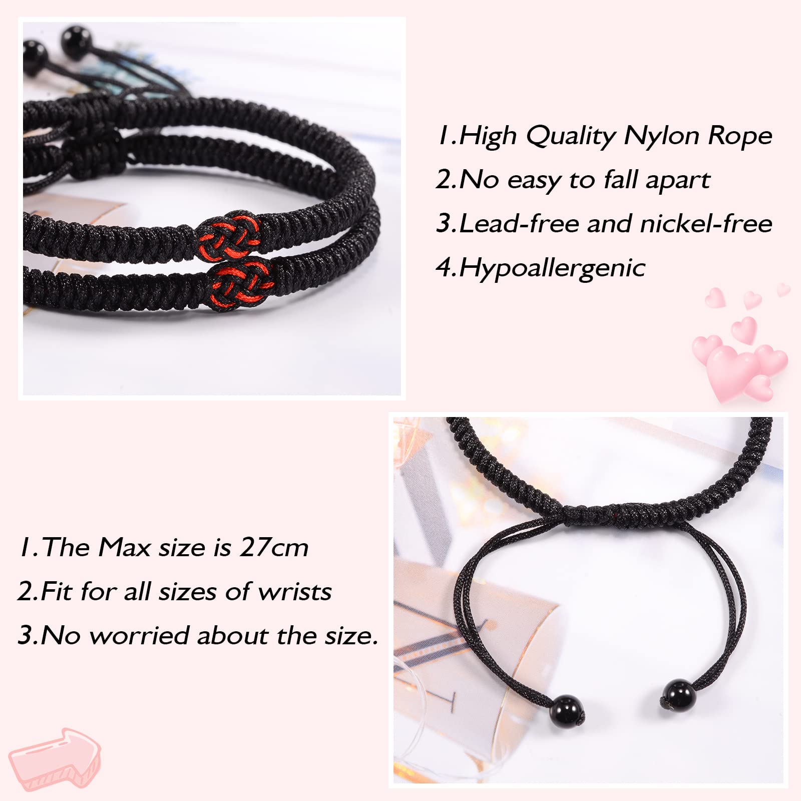 PZXHRY Best Friends Bracelet Red String Of Fate Bracelets For Friend Long Distance Matching Friendship Bracelets Gifts For Best Friend Men Women (Black)